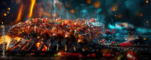 Delicious grilled rack of ribs with spices and flames, perfect for BBQ, cooking, and food photography. © Jiraporn