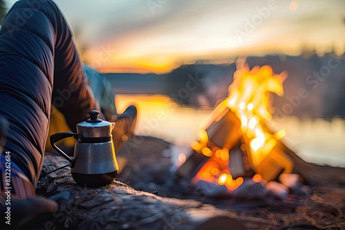 Cozy campfire scene with a coffee pot next to a person sitting by the fire during a beautiful sunset near a lake. photo