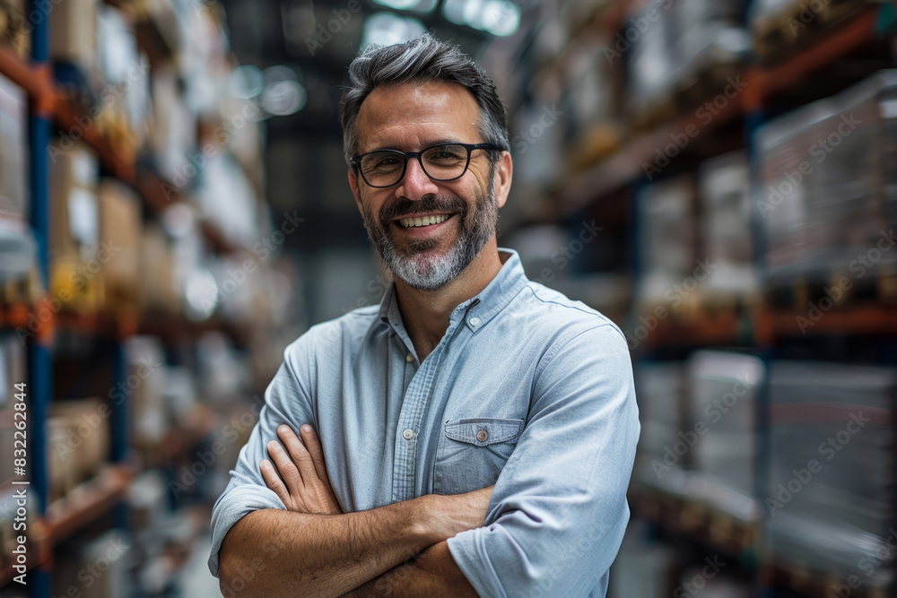 Smiling male supervisor standing in a warehouse aisle Smiling male supervisor standing in a warehouse aisle