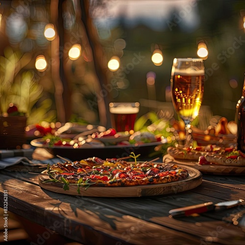 Cozy evening outdoor dinner with pizza  beer  and lights set against a blurred background  creating a warm and inviting atmosphere.