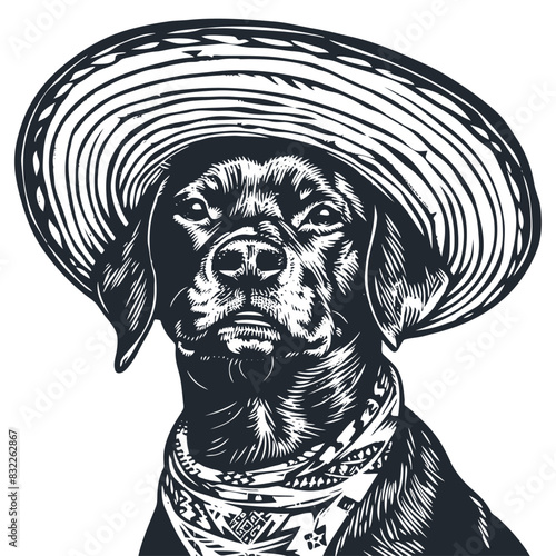Mexican dog wearing a sombrero and neckerchief, vector illustration	