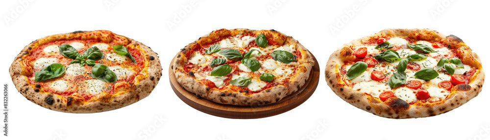 Set of Italian margherita pizza with mozzarella cheese isolated on a transparent background Set of Italian margherita pizza with mozzarella cheese isolated on a transparent background