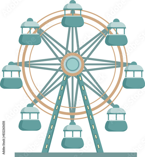 Detailed vintage ferris wheel illustration in flat design style with nostalgic pastel colors, isolated on white background, perfect for amusement park and carnival themed projects
