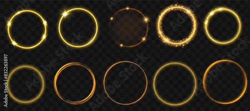 Gold circles frame with glitter light effect. A golden flash flies in a circle in a luminous ring.