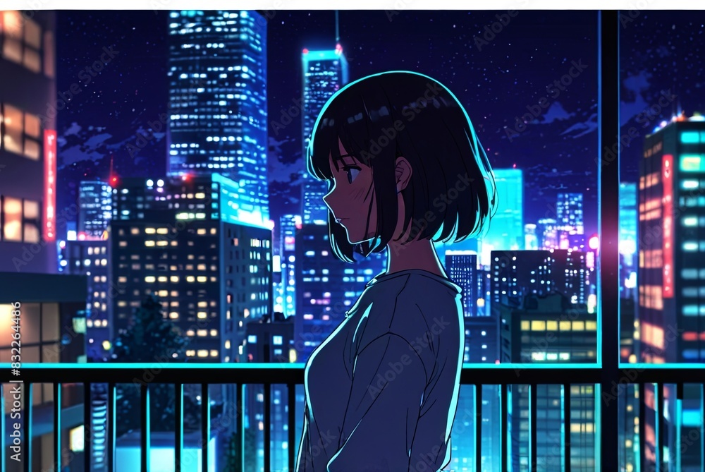 Fototapeta premium Anime style illustration, flat vector art, digital art, girl on terrace balcony night city lights in background, cyberpunk