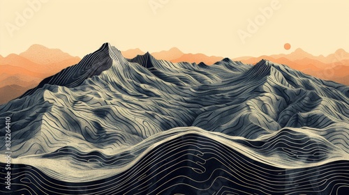 Embark on a journey of discovery with this simplified topography illustration. The linear landscape depiction offers a fresh perspective on geographic features, allowing viewers to appreciate the photo