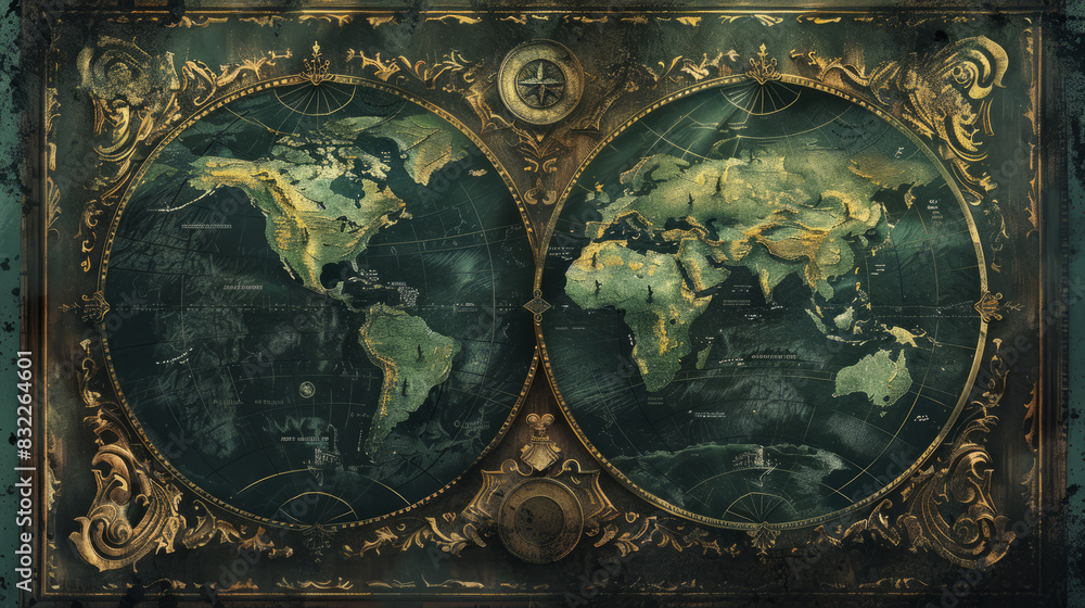 Fototapeta premium Antique world map with ornate gold detailing