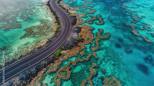 Aerial view of a curving asphalt road snaking along a coral reef coastline  with patches of bright coral visible through the shallow emerald waters.