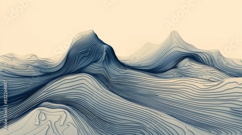 Experience the artistry of graphic landforms with this minimalist cartography illustration. Through precise lines and simplified forms, this depiction captures the essence of the landscape, inviting photo
