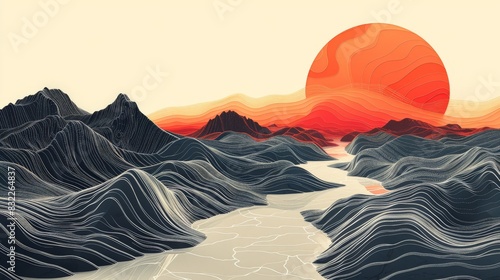 Experience the artistry of graphic landforms with this minimalist cartography illustration, where precise lines and minimalist composition capture the essence of the landscape with elegance and photo