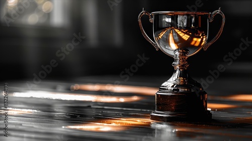 Polished silver trophy reflecting light on a dark sleek wooden background photo