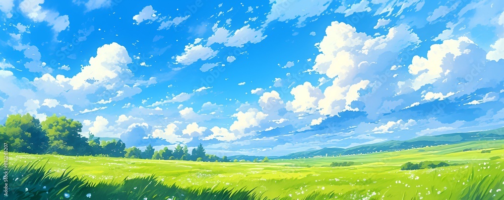 Tranquil summer scenery: gentle green hills under a bright blue sky with fluffy white clouds Tranquil summer scenery: gentle green hills under a bright blue sky with fluffy white clouds