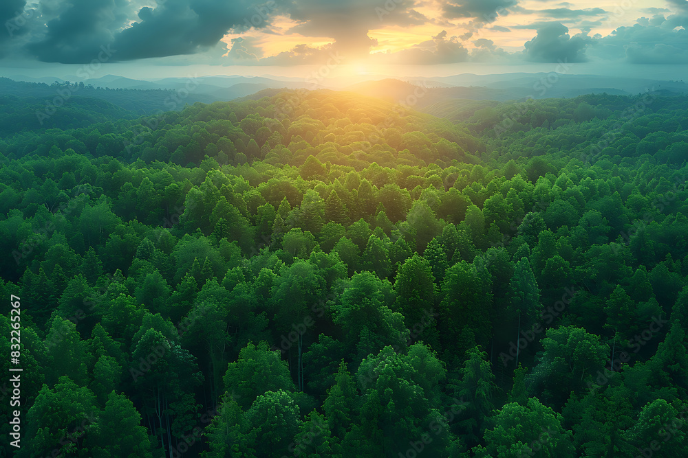 Fototapeta premium Awe-Inspiring Aerial View: Lush Green Forest & Mountain Range Preservation