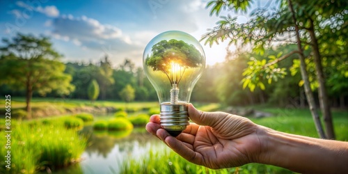 Hand holding light bulb against nature on green leaf, Organization sustainable development environmental and business responsible environmental, Ecology, Energy sources for renewable 