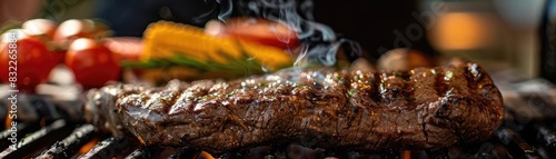 Close-up of a juicy  seasoned steak grilling to perfection alongside fresh vegetables  exuding smoky goodness on a sizzling barbecue.