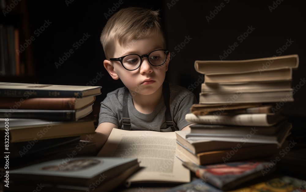 a little boy with glasses reads a children's book, there are stacks of children's books around him a little boy with glasses reads a children's book, there are stacks of children's books around him