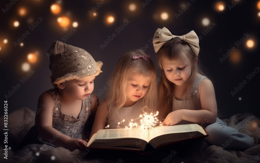 children sit together and look at an open book, a fairy light comes from the book, fairy-tale characters from the circus fly children sit together and look at an open book, a fairy light comes from the book, fairy-tale characters from the circus fly