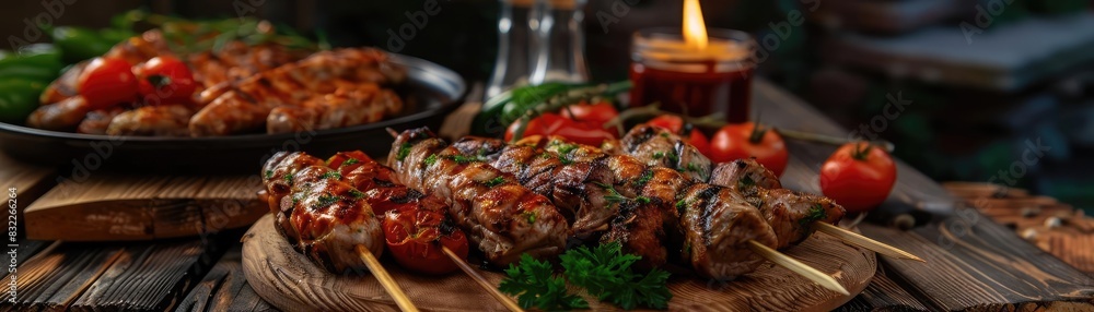 Delectable grilled meat skewers with vegetables on a wooden board, surrounded by fresh ingredients and a warm candlelit setting.
