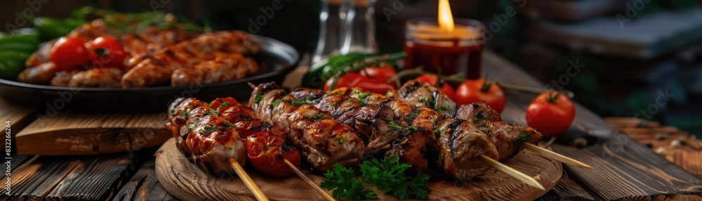 Delectable grilled meat skewers with vegetables on a wooden board, surrounded by fresh ingredients and a warm candlelit setting. Delectable grilled meat skewers with vegetables on a wooden board, surrounded by fresh ingredients and a warm candlelit setting.