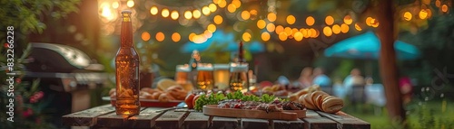 Outdoor patio setting with food and drinks on a rustic table, illuminated by warm string lights in a cozy garden atmosphere, perfect for parties.