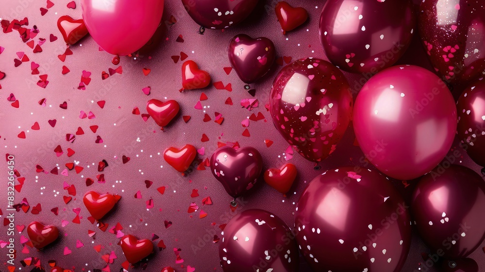 fuchsia background with a mix of mini heart-shaped and round balloons in deep reds and pinks, sprinkled with red glitter, perfect for a vibrant and joyous celebration. fuchsia background with a mix of mini heart-shaped and round balloons in deep reds and pinks, sprinkled with red glitter, perfect for a vibrant and joyous celebration.