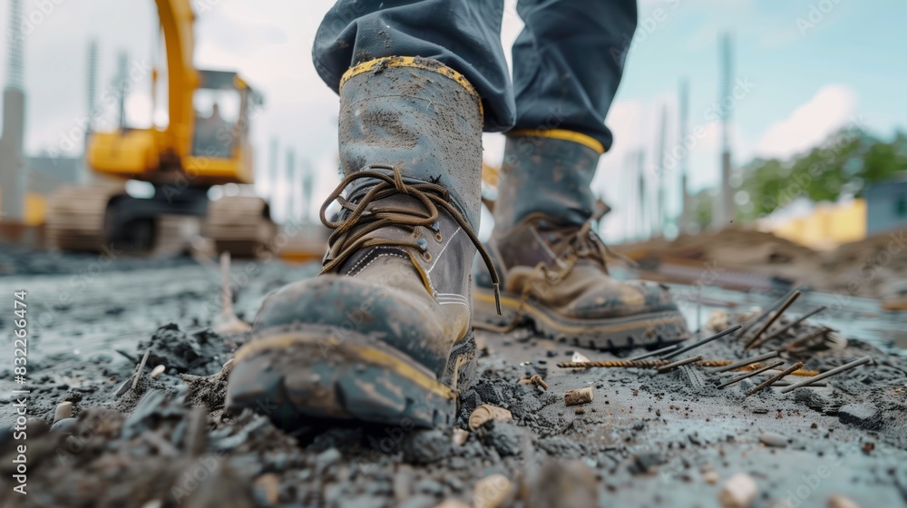 a construction worker on a job site, wearing heavy-duty safety shoes with steel toe caps, navigating around various hazards like nails and debris a construction worker on a job site, wearing heavy-duty safety shoes with steel toe caps, navigating around various hazards like nails and debris