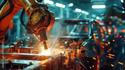 A robotic arm welding car parts together on the assembly line