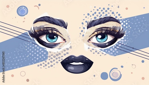Female lips and eyes as retro halftone merge elements with girdle doodles pop art style crazy art