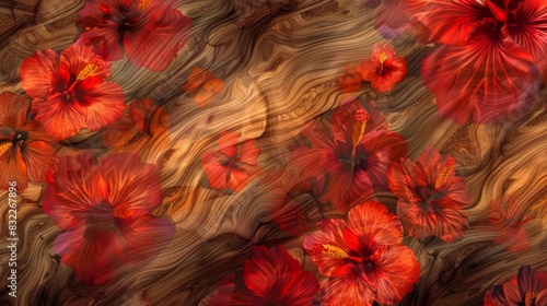 Tropical wood grain  interspersed with vibrant hibiscus flowers in full bloom  showcasing a harmonious blend of natural wood textures and the lively colors of summer  ai generated
