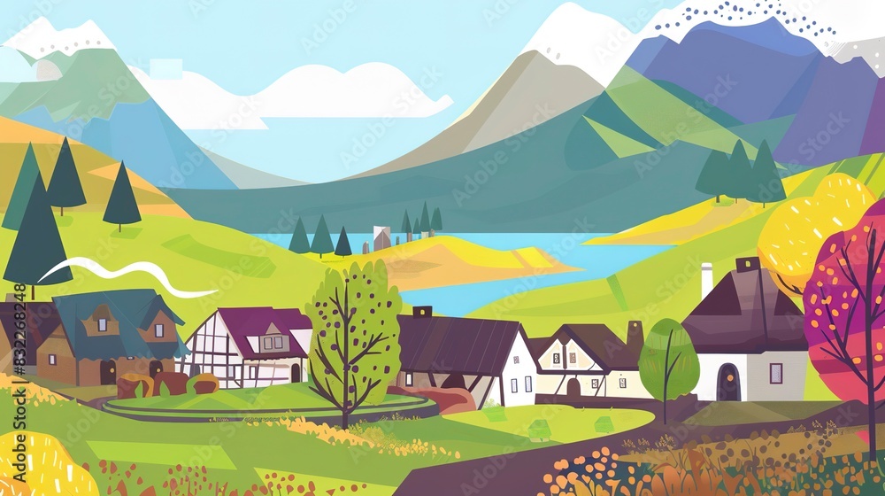 Highland community infographic flat design side view local lifestyles theme cartoon drawing vivid