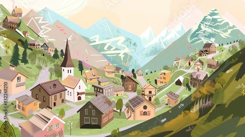 Alpine settlements poster flat design top view cultural heritage theme water color Analogous Color Scheme  photo