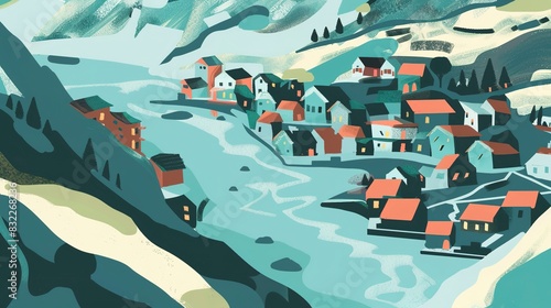 Alpine settlements poster flat design top view cultural heritage theme water color Analogous Color Scheme photo