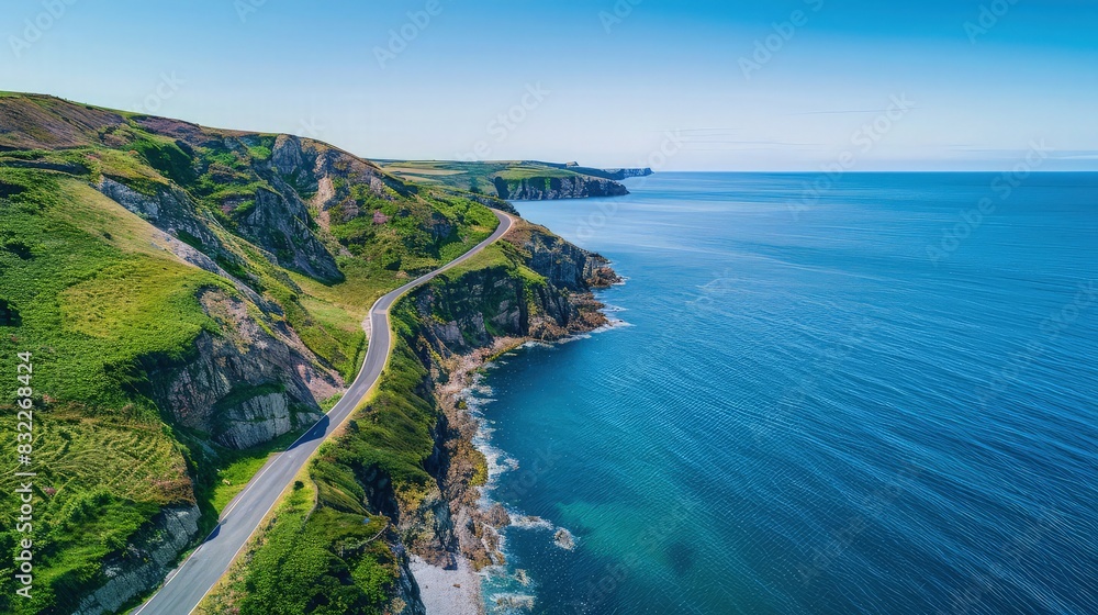 Overhead view of a winding coastal road with vibrant green cliffs on one side and a deep blue sea on the other, under a clear azure sky. Overhead view of a winding coastal road with vibrant green cliffs on one side and a deep blue sea on the other, under a clear azure sky.