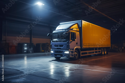 A large yellow and gray truck parked in a dimly lit warehouse  with industrial items and concrete floor reflections