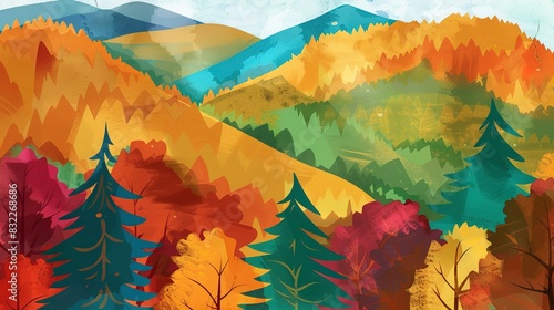 Autumn mountain colors poster flat design top view fall foliage theme water color Triadic Color Scheme
