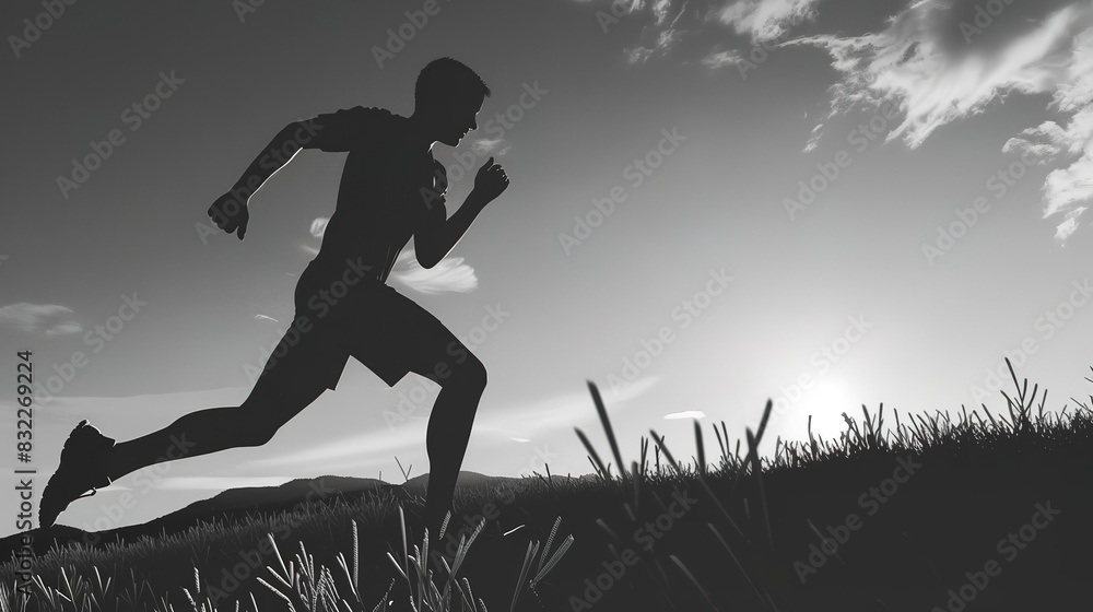 Trail running e-book cover flat design side view endurance sports theme 3D render black and white 
