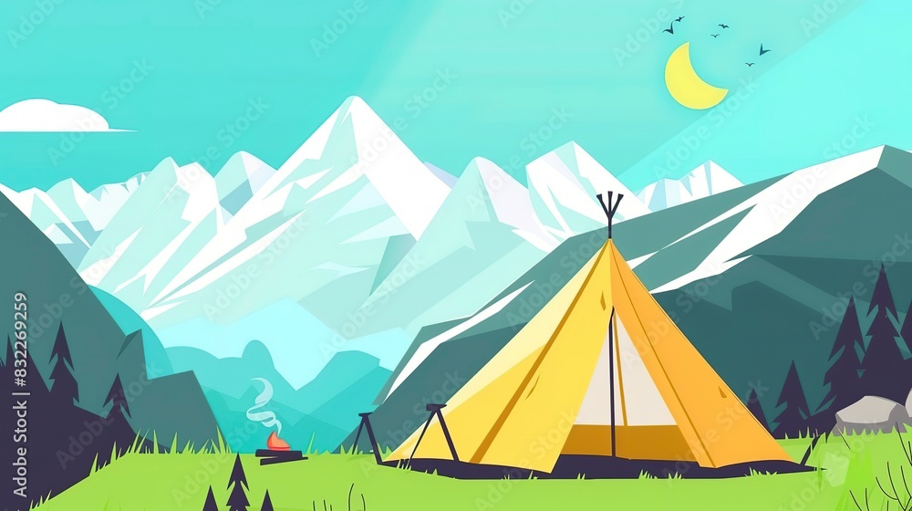 High-altitude camping website banner flat design front view survival camping theme animation vivid High-altitude camping website banner flat design front view survival camping theme animation vivid