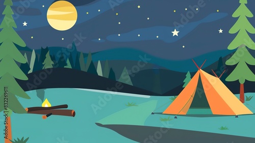 Star gazing from campsite brochure flat design side view night sky observation theme cartoon drawing Split-complementary color scheme 