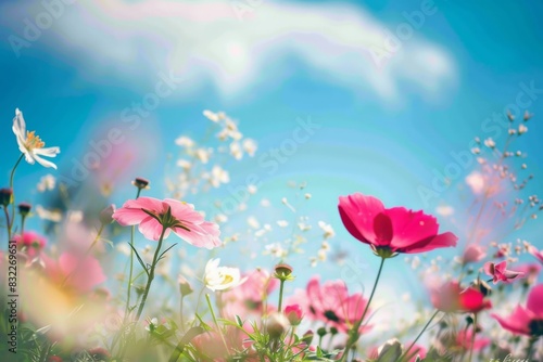 Lively meadow of pink flowers beneath a blue spring sky © Livinskiy