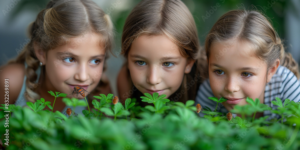 A group of children from a primary school are studying plants and insects in the plant and insect greenhouse. A group of children from a primary school are studying plants and insects in the plant and insect greenhouse.