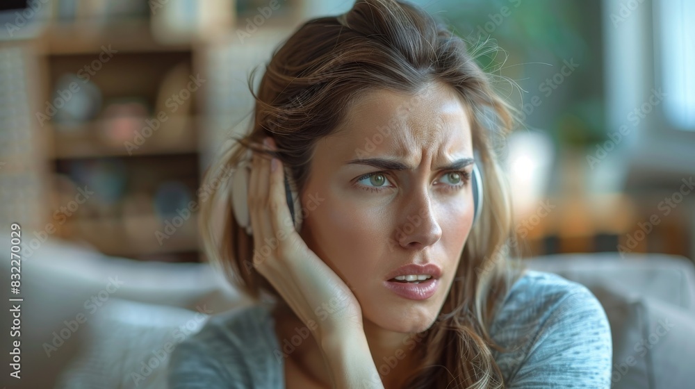 A young woman is holding her head and looks like she is in pain. A young woman is holding her head and looks like she is in pain.