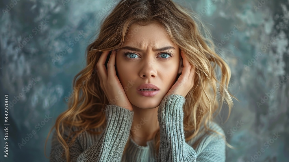 A young woman is holding her head and looks like she is in pain. A young woman is holding her head and looks like she is in pain.