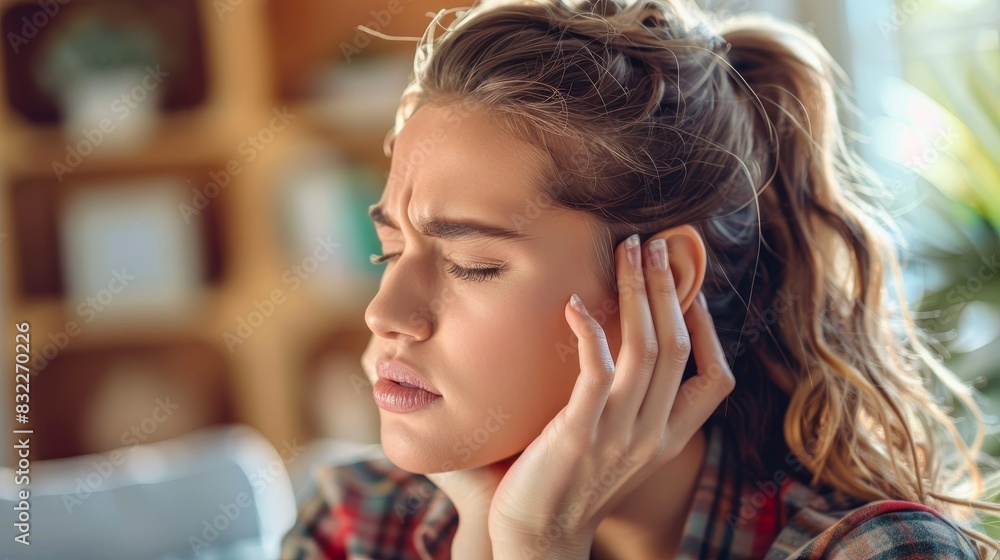 Fototapeta premium A young woman is holding her head and looks like she is in pain.