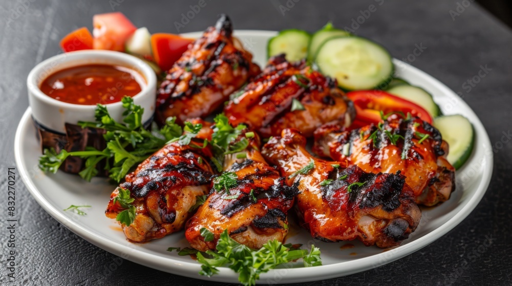 A beautifully arranged plate of grilled chicken wings with a side of fresh vegetables and a spicy dipping sauce A beautifully arranged plate of grilled chicken wings with a side of fresh vegetables and a spicy dipping sauce