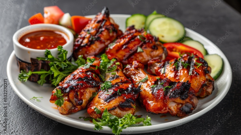 A beautifully arranged plate of grilled chicken wings with a side of fresh vegetables and a spicy dipping sauce