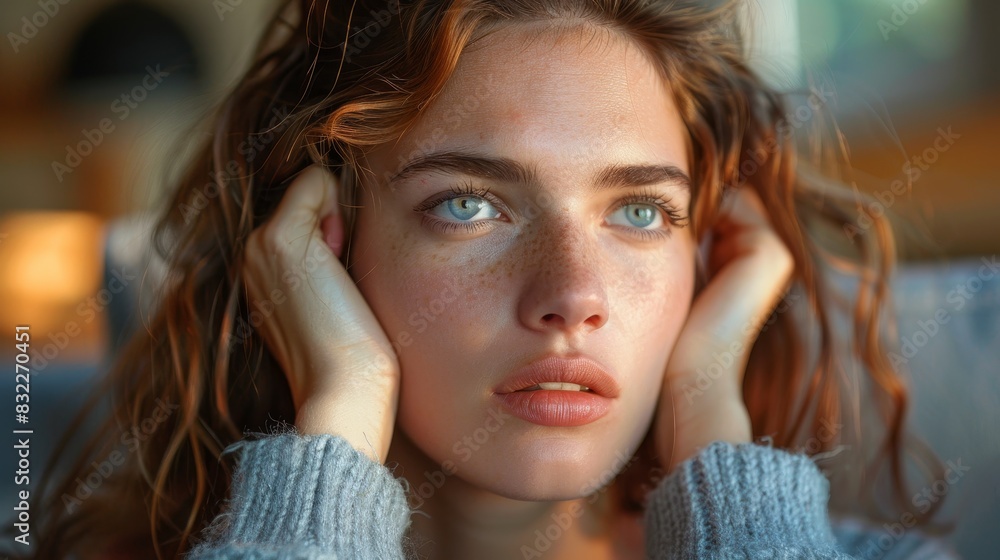 A young woman is holding her head and looks like she is in pain. A young woman is holding her head and looks like she is in pain.