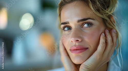 A young woman is holding her head and looks like she is in pain.