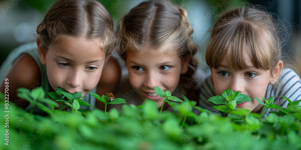 A group of children from a primary school are studying plants and insects in the plant and insect greenhouse. A group of children from a primary school are studying plants and insects in the plant and insect greenhouse.