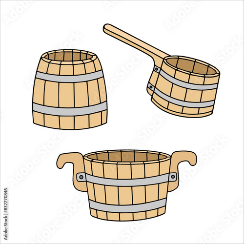 vector doodle illustration, ladle, wooden barrels, sauna accessories, outline drawing