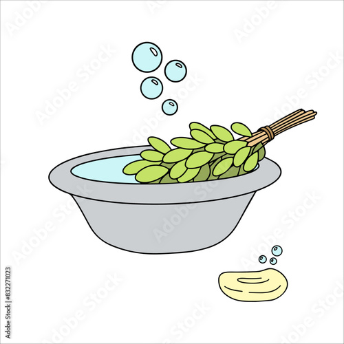vector doodle illustration, sauna accessories, basin and birch broom for bath, soap, outline drawing